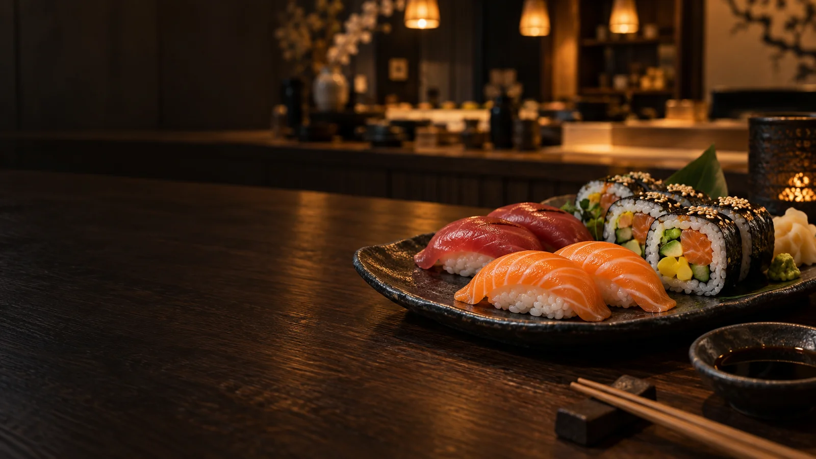 Art-directed sushi platter in a warmly lit Japanese dining setting