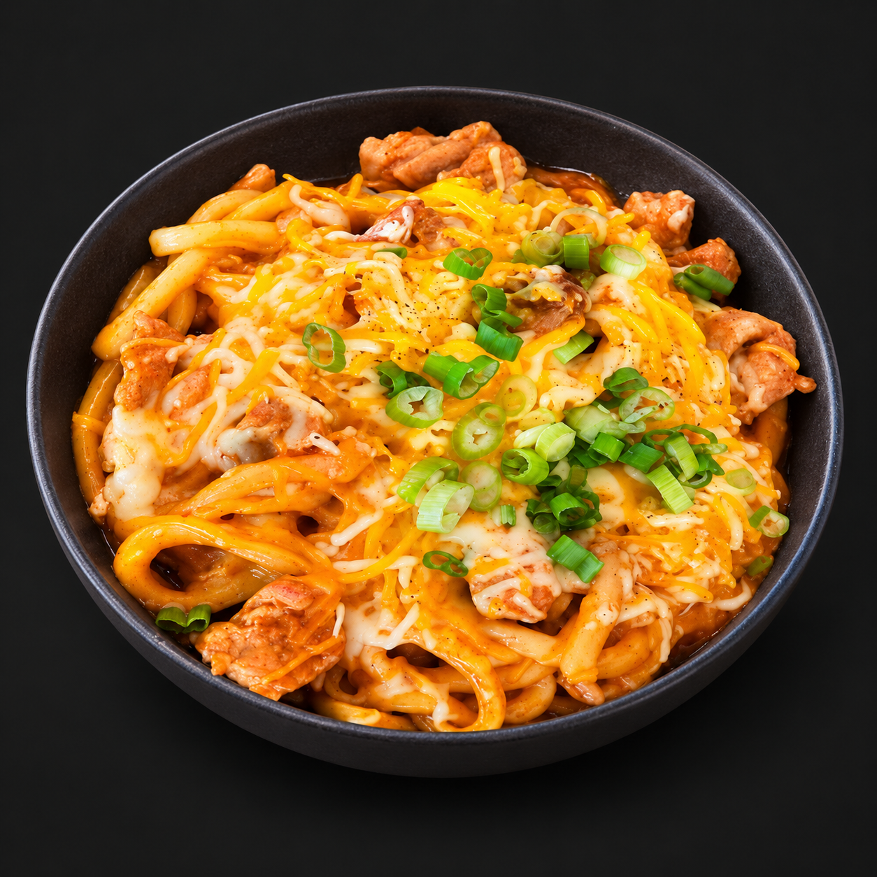 Spicy chicken stir-fried udon with melted cheese.